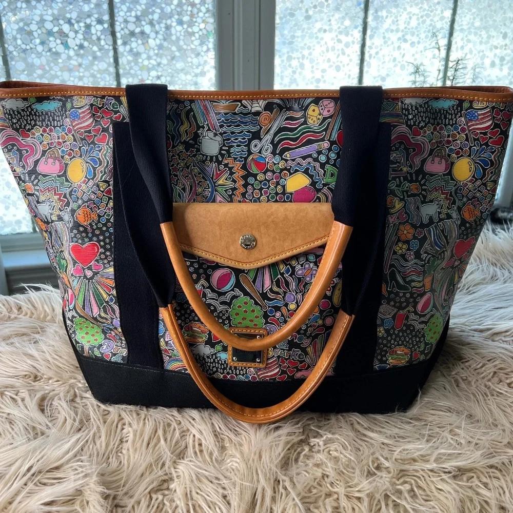 Vintage Dooney & Bourke shopper tote retired Whimsey Print Black key leash Rare - Picture 1 of 15